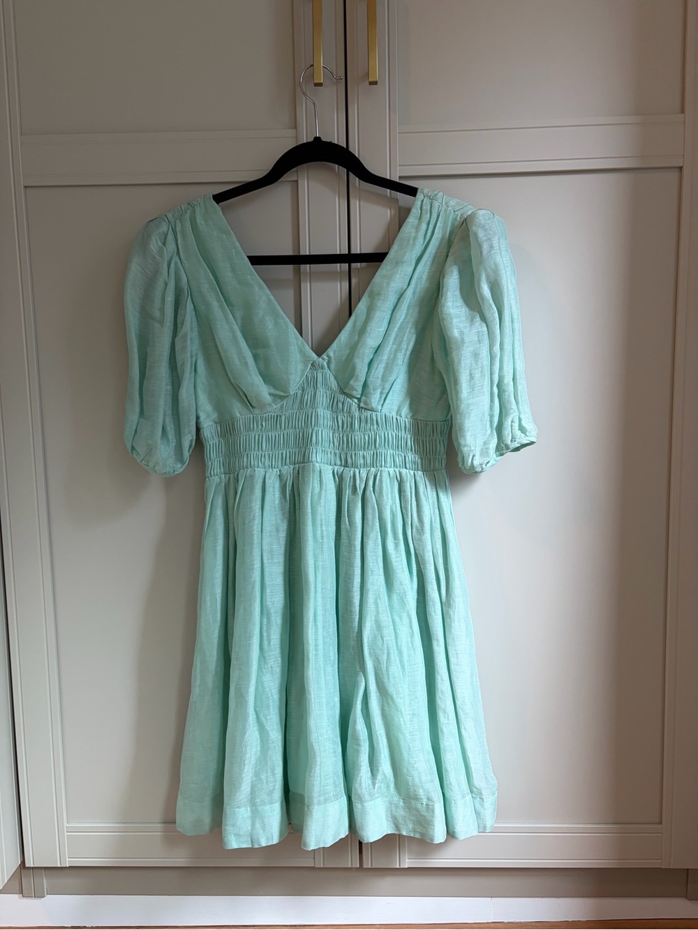 Mint Puff-Sleeve Mini Dress with Smocked Waist NWT